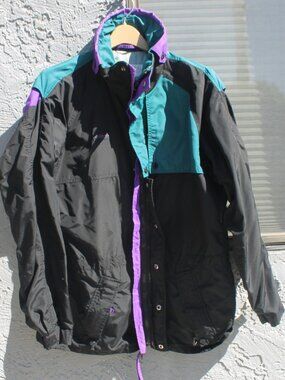 Columbia Sportswear XL Women's Black Teal Purple Colorblock Jacket Coat Vintage